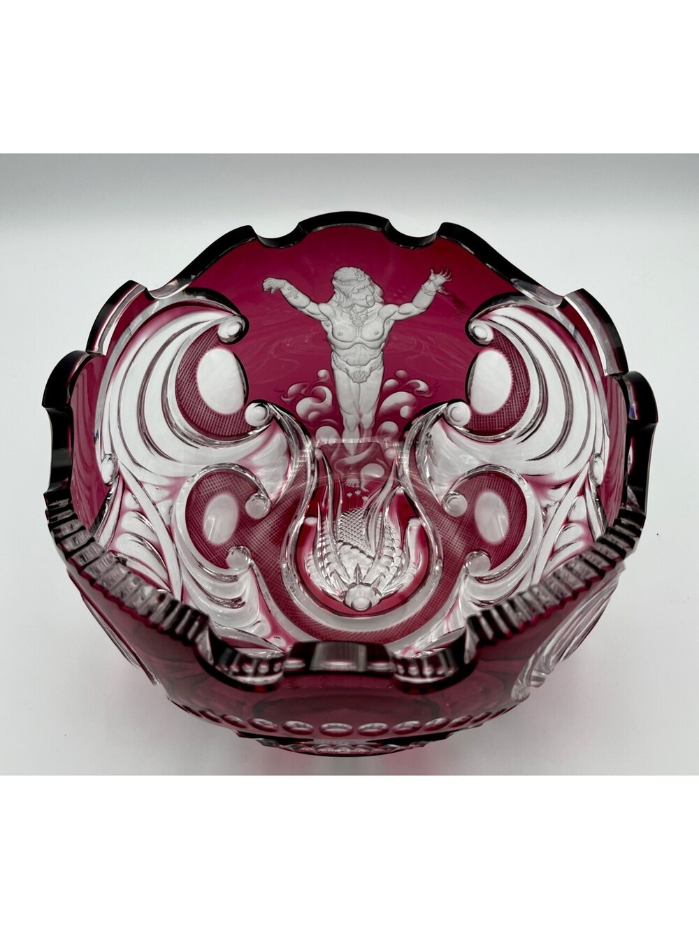 Varga Ruby Cut Crystal Bowl Neptune Rising Mythological Art Glass, Hungary
